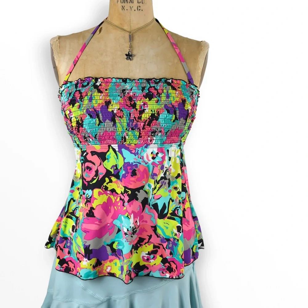Y2K Neon Floral Tankini Top Smocked Halter Swim Kenneth Cole Retro Size S